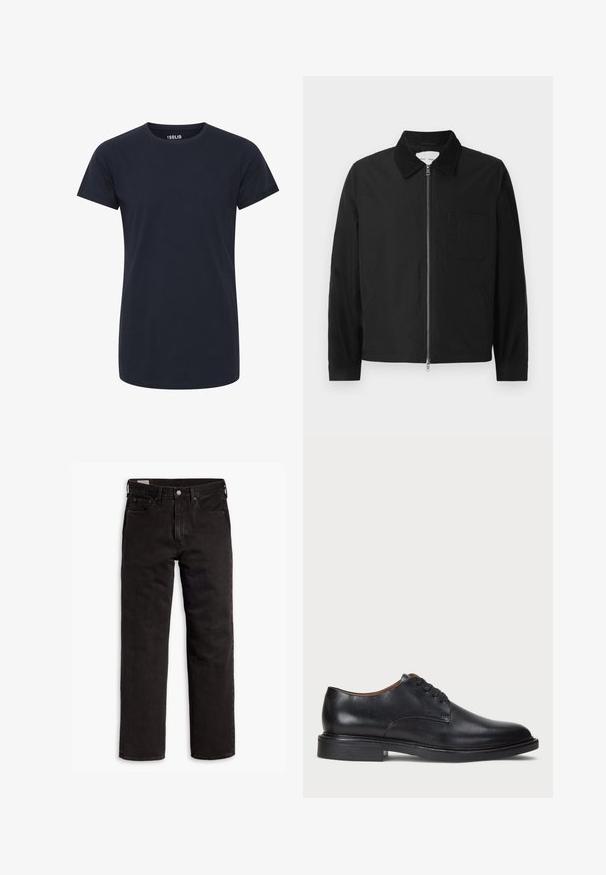 Czarna, długorękawowa kurtka zapinana na zamek z kołnierzem, jedną kieszenią na piersi i dwiema kieszeniami po bokach, prezentowana na białym tle.; Gładka, ciemnoniebieska, krótki rękaw t-shirt z okrągłym dekoltem, o slim fit, bez widocznych logo i wzorów.; Czarne dżinsy proste z pięcioma kieszeniami, zapięciem na guzik i paskiem, rozłożone na białym tle.; Czarne skórzane buty wizytowe z okrągłym noskiem, sznurowanym zapięciem i niskim, warstwowym obcasem. Gładka faktura z minimalnymi detalami stębnowania.
