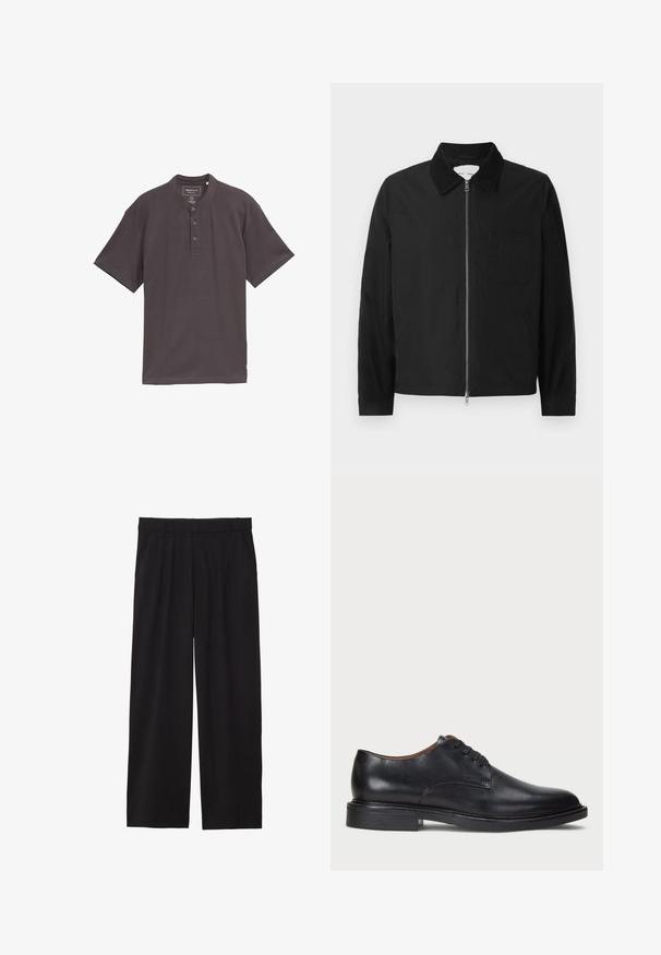 Zwarte lange mouwen ritsjack met kraag, een borstzak en twee zijzakken, weergegeven op een witte achtergrond.; Donkergrijze shirt met korte mouwen, een ronde kraag en een drie-knopenknopsluiting. Zachte, gestructureerde stof met een relaxte pasvorm.; Zwarte wijde broek met geplooide voorkant, zijzakken en een gladde stoftextuur. Ontworpen voor een ontspannen pasvorm.; Zwart leren dresschoen met een ronde neus, vetersluiting en een lage gestapelde hak. Gladde textuur met minimale stiksels.