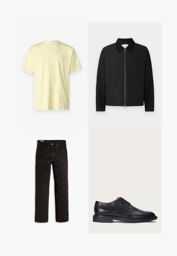 Μαύρο μακρυμάνικο ζακέτα με φερμουάρ και γιακά, με μία τσέπη στο στήθος και δύο πλαϊνές τσέπες, σε λευκό φόντο.; Levi's® VINTAGE TEE - Βασικό μπλουζάκι - yellow; Μαύρα τζιν παντελόνια σε ευθεία γραμμή με πέντε τσέπες, κουμπί κλεισίματος και θηλιές ζώνης, απλωμένα σε λευκό φόντο.; Μαύρο δερμάτινο παπούτσι με στρογγυλή μύτη, σχέδιο με κορδόνια και χαμηλό σωρευμένο τακούνι. Λείος υφάντης με ελάχιστες ραφές.