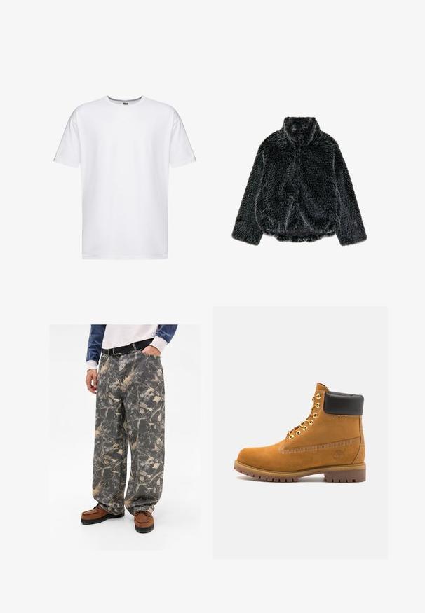 Czarna kurtka z sztucznego futra z długimi rękawami, wysokim kołnierzem i lekko gathered hem, wyeksponowana płasko na białym tle.; Czarna bluza z kapturem z grafiką na przodzie przedstawiającą sylwetkę na teksturowanym tle, z białymi akcentami na rękawach oraz kieszenią typu kangur.; Biała bawełniana koszulka z krótkim rękawem, okrągłym dekoltem i luźnym krojem. Bez wzorów ani logotypów, gładka faktura i standardowa długość.; Luźne szare spodnie w liście i gałęzie, wykonane z denimu. Połączone z brązowymi mokasynami, tworząc casualowy zestaw.; Beżowe zamszowe botki sięgające kostki z czarną wyściełaną krawędzią, złotymi oczkami, białymi detalami szycia oraz wytrzymałą gumową podeszwą z wyraźnym bieżnikiem.