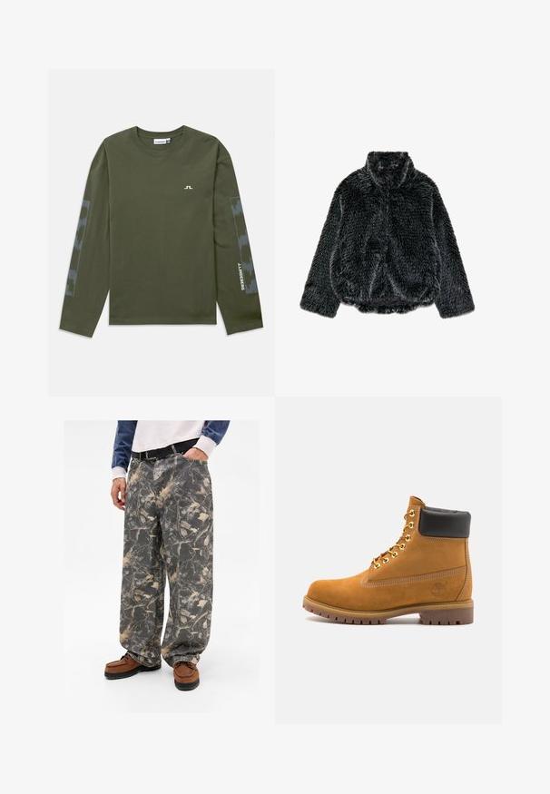 Black faux fur jacket with long sleeves, high collar, and slightly gathered hem, displayed flat on a white background.; Long-sleeve olive green T-shirt made of cotton, featuring a small white logo on the chest and a patterned grey accent on the sleeves.; Baggy gray pants with leaf and branch pattern, made of denim. Paired with brown loafers, showcasing a casual outfit.; Tan suede ankle boot with black padded collar, gold metal eyelets, white stitching detailing, and rugged rubber sole with pronounced treads.