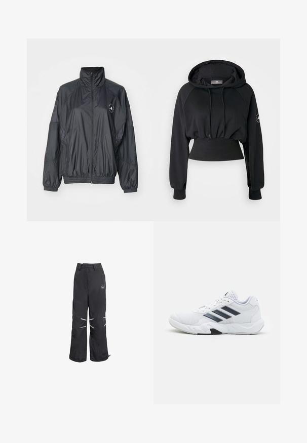 Veste zippée noire avec un col haut, des poignets élastiqués et une taille froncée. Fabriquée en tissu léger et lisse avec un détail de logo.; Haut à capuche noir coupé avec une capuche à cordon, une base côtes et des manches raglan. Présente un logo sur la manche gauche et une texture lisse.; Pantalons larges noirs avec des détails réfléchissants aux genoux, taille haute avec passants de ceinture, et un logo circulaire sur la cuisse supérieure droite.; Baskets blanches avec une tige en maille, trois rayures noires sur le côté, des accents texturés et une semelle en caoutchouc robuste avec une section noire contrastante.