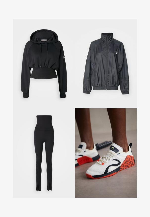 Melna zip-up jaka ar augstu apkakli, elastīgām piedurknēm un saskaitītu jostu. Izgatavota no viegla, gluda auduma ar logotipu.; Melnā īsajā kapucē ar pievilkšanas kapuci, ribotām apakšmalām un raglāna piedurknēm. Uz kreisās piedurknes ir logo, un tai ir gluda tekstūra.; adidas by Stella McCartney Legingi - black; Baltas sporta apavi ar melnu un oranžu leoparda raksta akcentu. Iezīmes teksturēts auduma augšdaļa, gumijas zole un šņorēšanas sistēma.