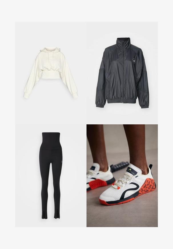 Czarna kurtka zapinana na zamek z wysokim kołnierzem, elastycznymi mankietami i marszczoną talią. Wykonana z lekkiego, gładkiego materiału z detalem z logo.; Skorotowana bluza z miękkiej białej tkaniny, z długimi, obszernymi rękawami i kapturem ze sznurkiem. Posiada dopasowany, marszczony pasek w talii.; adidas by Stella McCartney - Rajstopy; Białe tenisówki sportowe z czarno-pomarańczowym akcentem w panterkę. Posiadają teksturowaną cholewkę z tkaniny, gumową podeszwę i system sznurowania.