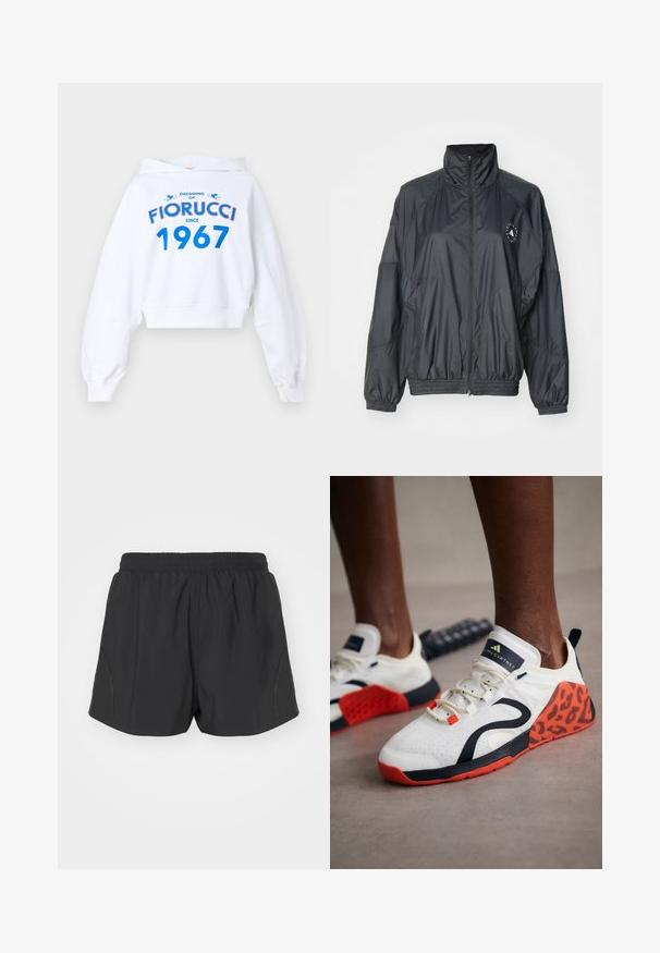 Juodas zip-up džemperis su aukštu apykakle, elastingomis rankovėmis ir susiraukšlėjusiu juosmeniu. Pagamintas iš lengvo, glotnaus audinio su logotipo detalėmis.; Balta trumpa gobtuvė su ilgomis rankovėmis, su mėlynu ir raudonu tekstu: "SVAJOJANT APIE FIORUCCI NUO 1967" ir dviem mėlynomis detalėmis.; Juoda bėgimo šortai su elastingu juosmeniu, lengvos medžiagos ir tekstūruotas dizainas su subtiliais šoninėmis akcentais.; Baltos sportinės bateliai su juodu ir oranžiniu leopardų raštu. Yra tekstūruotas audinys viršuje, guminis padas ir nėrimo sistema.