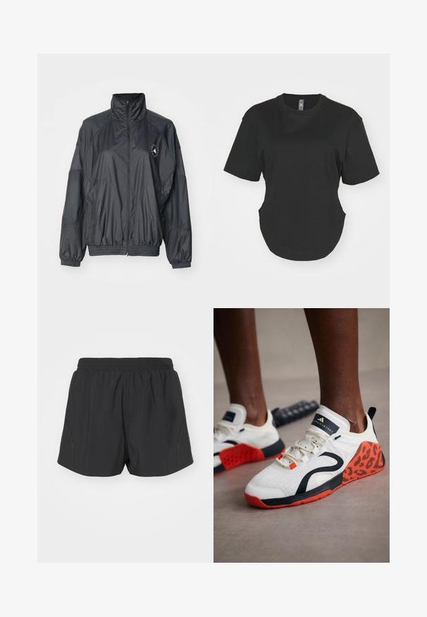 Black zip-up jacket featuring a high collar, elasticated cuffs, and a gathered waist. Made from lightweight, smooth fabric with a logo detail.; Black short-sleeve T-shirt made of cotton. Round neckline with a curved hem and side slits. Smooth texture, casual fit.; Black running shorts with an elastic waistband, lightweight fabric, and textured design featuring subtle side accents.; White athletic shoes with a black and orange leopard print accent. Features a textured fabric upper, rubber sole, and lacing system.