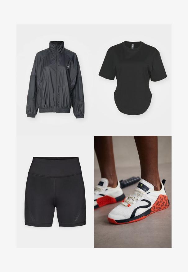 Crna zip-jakna s visokom ovratnikom, elastičnim rukavima i naboranim strukom. Izrađena od laganog, glatkog materijala s detaljem logotipa.; Crna majica kratkih rukava od pamuka. Okrugli izrez s zakrivljenim rubom i bočnim prorezima. Glatka tekstura, ležeran kroj.; Crne sportske kratke hlače od rastezljivog, laganog materijala. Visoki pojas, glatki šavovi i diskretni uzorci sa strane za dodatni detalj.; Bijele sportske cipele s akcentom u crno-narančastom leopard uzorku. Imaju gornjište od teksturirane tkanine, gumeni potplat i sustav vezivanja.