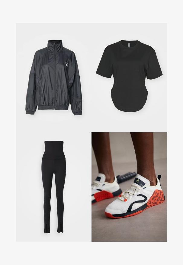 Czarna kurtka zapinana na zamek z wysokim kołnierzem, elastycznymi mankietami i marszczoną talią. Wykonana z lekkiego, gładkiego materiału z detalem z logo.; Czarny, krótki t-shirt z bawełny. Okrągły dekolt, zaokrąglony dół i boczne rozcięcia. Gładka tekstura, luźny krój.; adidas by Stella McCartney - Rajstopy; Białe tenisówki sportowe z czarno-pomarańczowym akcentem w panterkę. Posiadają teksturowaną cholewkę z tkaniny, gumową podeszwę i system sznurowania.