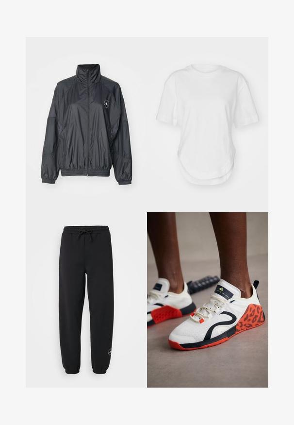 Czarna kurtka zapinana na zamek z wysokim kołnierzem, elastycznymi mankietami i marszczoną talią. Wykonana z lekkiego, gładkiego materiału z detalem z logo.; Biała bawełniana koszulka z okrągłym dekoltem, krótkimi rękawami i zaokrąglonym dołem. Gładka tekstura bez wzorów i akcentów.; Czarne dresy wykonane z miękkiego materiału, z elastycznym paskiem w talii oraz sznurkiem do regulacji, ze ściągaczami przy kostkach i małym logo na dolnej części nogawki.; Białe tenisówki sportowe z czarno-pomarańczowym akcentem w panterkę. Posiadają teksturowaną cholewkę z tkaniny, gumową podeszwę i system sznurowania.
