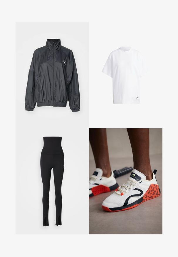 Svart zip-up jakke med høy krage, elastiske mansjetter og samlet midje. Laget av lett, glatt stoff med logodetalj.; Hvit bomull T-skjorte med korte ermer, rund hals og avslappet passform. Merkbar detalj: liten svart grafisk logo på kanten.; adidas by Stella McCartney Tights - black; Hvite athletic sko med svart og oransje leopardmønster. Har en teksturert stoffoverdel, gummisåle og snøresystem.