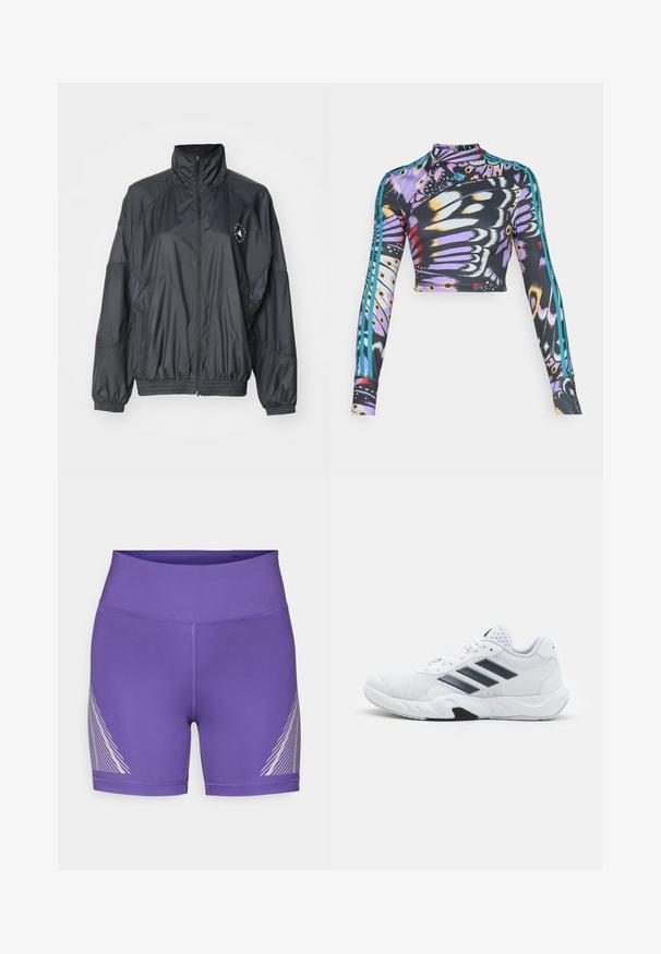 Crna zip-jakna s visokom ovratnikom, elastičnim rukavima i naboranim strukom. Izrađena od laganog, glatkog materijala s detaljem logotipa.; Duguljasti, skraćeni atletski top s šarenim uzorkom leptirjih krila i tirkiznim trostrukim detaljima na rukavima.; Ljubičaste sportske kratke hlače od rastezljivog materijala s visokim pojasom i dijagonalnim bijelim uzorkom na lijevoj strani.; Bijela atletska cipela s mrežastim gornjim dijelom, tri crne pruge sa strane, strukturirani detalji i čvrst gumeni potplat s kontrastnim crnim dijelom.
