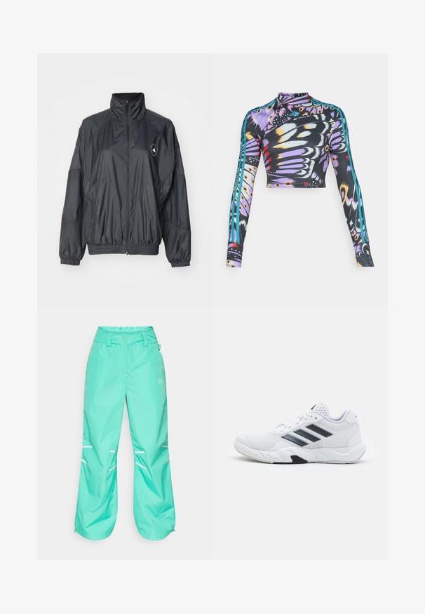 Svart zip-up jakke med høy krage, elastiske mansjetter og samlet midje. Laget av lett, glatt stoff med logodetalj.; Langermet, cropped treningstop med fargerikt sommerfuglvingemønster og turkise tre-striper på ermene.; Turkise vanntette bukser med en avslappet passform, justerbar midje, reflekterende striper og glidelåser i kanten for økt funksjonalitet.; Hvit sportsko med mesh-overdel, tre svarte striper på siden, teksturerte detaljer og en solid gummisåle med en kontrasterende svart seksjon.