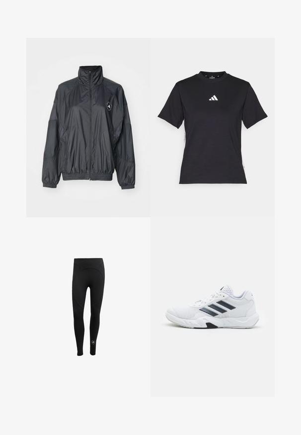 Černá zipová bunda s vysokým límcem, elastickými manžetami a nařaseným pasem. Vyrobená z lehkého, hladkého materiálu s logem.; Černé tričko s krátkým rukávem vyrobené z měkké tkaniny. Má bílé logo Adidas a kontrastní bílé pruhy po stranách.; Dámské černé legíny z elastického materiálu, s vysokým pasem a bezešvým designem, se zakulaceným zadním panelem a detailem loga.; Bílé sportovní boty s vrškem ze síťoviny, třemi černými pruhy po stranách, texturovanými akcenty a odolnou gumovou podrážkou s kontrastní černou částí.