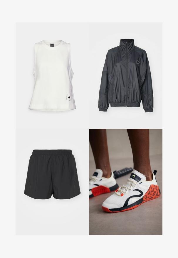 Melna zip-up jaka ar augstu apkakli, elastīgām piedurknēm un saskaitītu jostu. Izgatavota no viegla, gluda auduma ar logotipu.; Balts bez piedurknēm tops ar apaļu kakla izgriezumu, maiga tekstūra un neliels melns apļa logotips apakšējā kreisajā pusē.; Melni skriešanas šorti ar elastīgu jostasvietu, viegls audums un teksturēts dizains ar smalkām sānu akcentiem.; Baltas sporta apavi ar melnu un oranžu leoparda raksta akcentu. Iezīmes teksturēts auduma augšdaļa, gumijas zole un šņorēšanas sistēma.