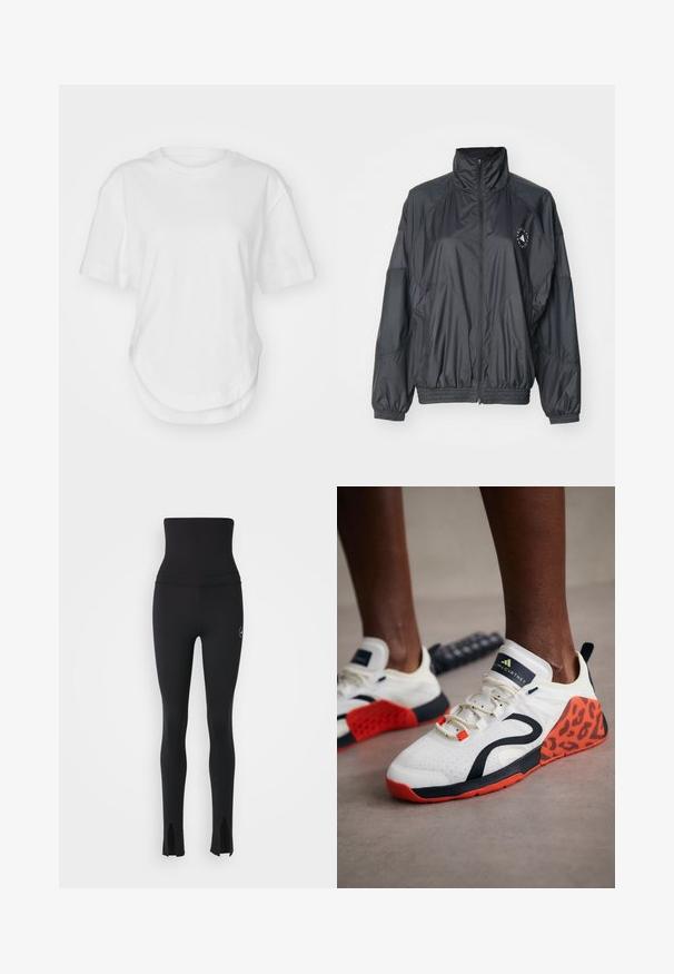 Black zip-up jacket featuring a high collar, elasticated cuffs, and a gathered waist. Made from lightweight, smooth fabric with a logo detail.; White cotton t-shirt featuring a round neckline, short sleeves, and a curved hem. Smooth texture with no patterns or accents.; adidas by Stella McCartney Leggings - black; White athletic shoes with a black and orange leopard print accent. Features a textured fabric upper, rubber sole, and lacing system.