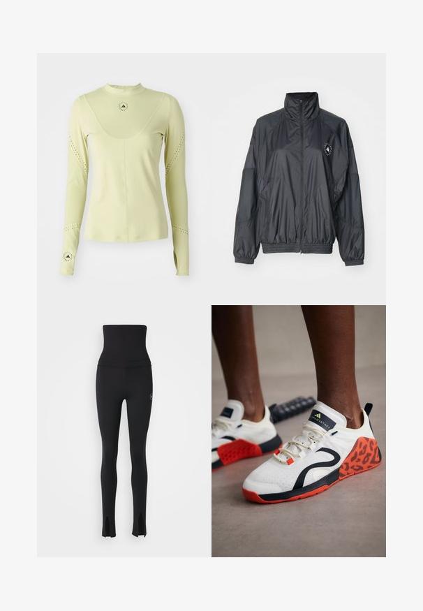 Juodas zip-up džemperis su aukštu apykakle, elastingomis rankovėmis ir susiraukšlėjusiu juosmeniu. Pagamintas iš lengvo, glotnaus audinio su logotipo detalėmis.; adidas by Stella McCartney Ilgarankovis viršutinės dalies drabužis - halo gold; adidas by Stella McCartney Tamprės - black; Baltos sportinės bateliai su juodu ir oranžiniu leopardų raštu. Yra tekstūruotas audinys viršuje, guminis padas ir nėrimo sistema.