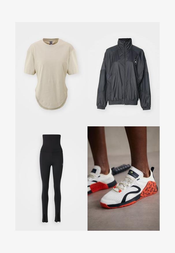 Black zip-up jacket featuring a high collar, elasticated cuffs, and a gathered waist. Made from lightweight, smooth fabric with a logo detail.; Beige short-sleeve t-shirt made of soft cotton. Features a round neckline and a curved hem with side slits for a relaxed fit.; adidas by Stella McCartney Leggings - black; White athletic shoes with a black and orange leopard print accent. Features a textured fabric upper, rubber sole, and lacing system.