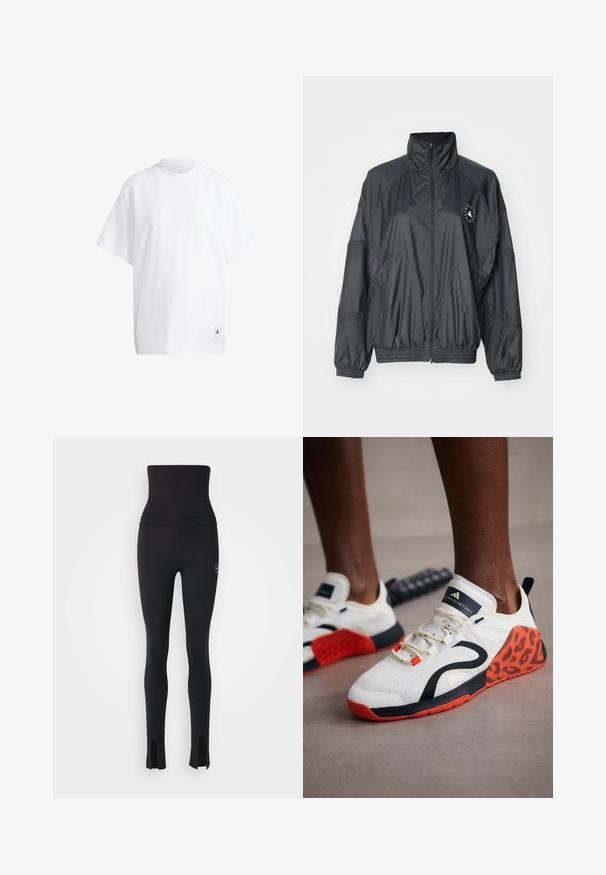 Black zip-up jacket featuring a high collar, elasticated cuffs, and a gathered waist. Made from lightweight, smooth fabric with a logo detail.; White cotton t-shirt with short sleeves, round neck, and a relaxed fit. Notable detail: small black graphic logo on the hem.; adidas by Stella McCartney Leggings - black; White athletic shoes with a black and orange leopard print accent. Features a textured fabric upper, rubber sole, and lacing system.