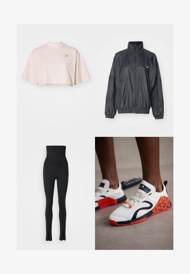 Fekete cipzáras dzseki magas gallérral, rugalmas mandzsettákkal és ráncolt derékkal. Könnyű, sima anyagból készült, logóval díszítve.; Rövidített, világos rózsaszín pamut póló, állógallérral és rövid, széles ujjal. Finom kerek logó részlet található a mellkason.; adidas by Stella McCartney Leggingek - black; Fehér sportcipők fekete és narancssárga leopárdmintás díszítéssel. Texturált szövet felsőrésze, gumitalpa és fűzőrendszere van.