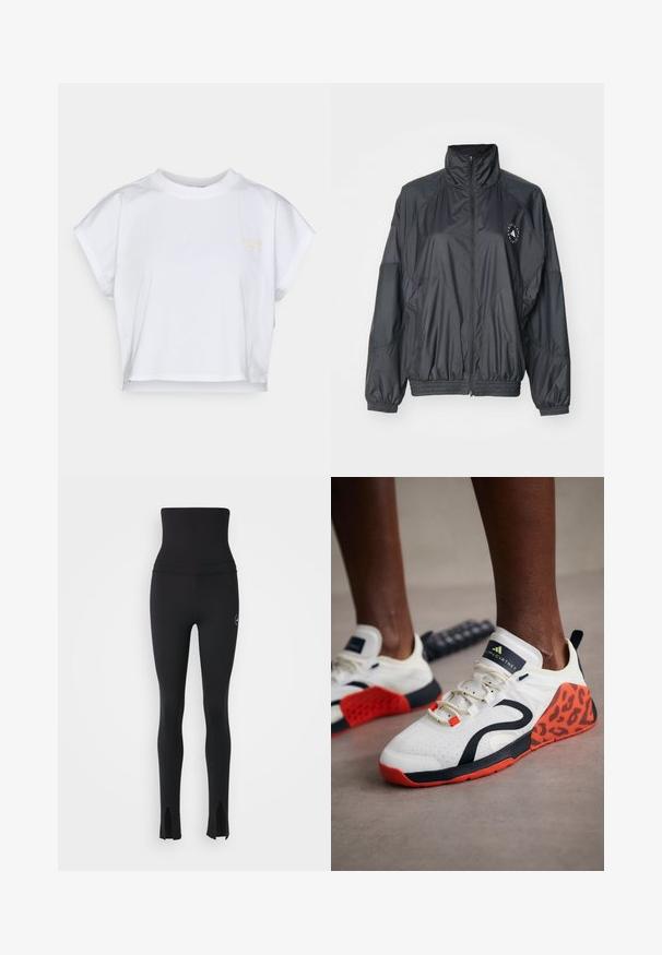 Zwarte zip-up jack met een hoge kraag, elastische manchetten en een gathered taille. Gemaakt van lichtgewicht, soepele stof met een logo detail.; Witte cropped t-shirt van katoen, met een ronde hals, korte mouwen en een klein geel logo op de voorkant. Flat design, geen patronen.; adidas by Stella McCartney Tights - black; Witte sportieve schoenen met een zwart en oranje luipaardprintaccent. Beschikt over een bovenwerk van textuurstof, rubberen zool en een vetersysteem.