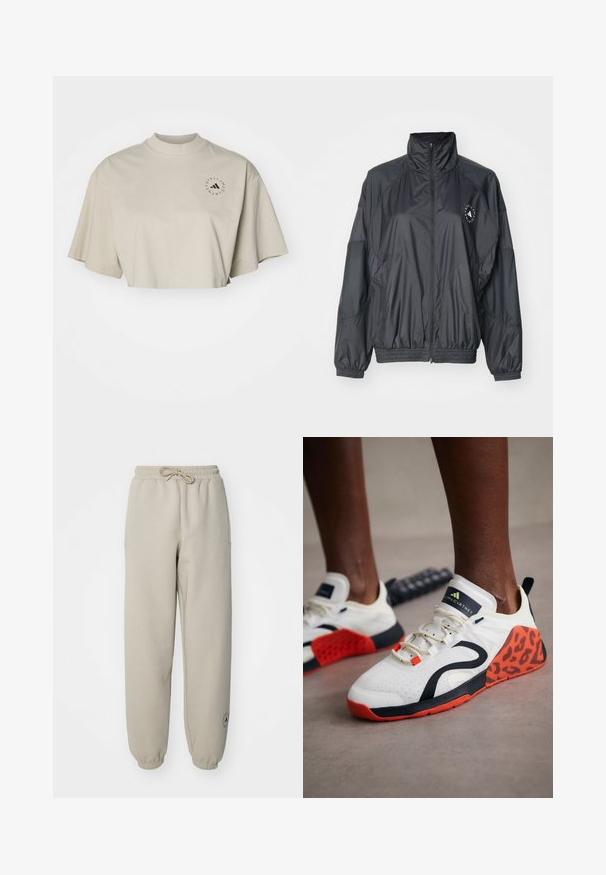 Fekete cipzáras dzseki magas gallérral, rugalmas mandzsettákkal és ráncolt derékkal. Könnyű, sima anyagból készült, logóval díszítve.; Rövid ujjú, világos bézs pamut póló, amely rövidített fazonú. Magas nyakkal és fekete kör alakú logóval rendelkezik a bal melle fölött.; Beige szabadidőnadrág elasztikus derékkal és húzózsinórral, oldalsó zsebekkel és logórészlettel az alsó lábszáron. Texturált anyag.; Fehér sportcipők fekete és narancssárga leopárdmintás díszítéssel. Texturált szövet felsőrésze, gumitalpa és fűzőrendszere van.