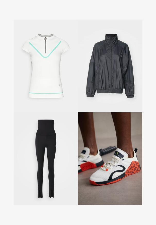 Juodas zip-up džemperis su aukštu apykakle, elastingomis rankovėmis ir susiraukšlėjusiu juosmeniu. Pagamintas iš lengvo, glotnaus audinio su logotipo detalėmis.; Balta trumpa rankovėmis palaidinė su aukštu apykakliu, su užtrauktuku, turkio spalvos akcentais ir subtiliu logotipu apatinėje pusėje. Lygi tekstūra.; adidas by Stella McCartney Tamprės - black; Baltos sportinės bateliai su juodu ir oranžiniu leopardų raštu. Yra tekstūruotas audinys viršuje, guminis padas ir nėrimo sistema.