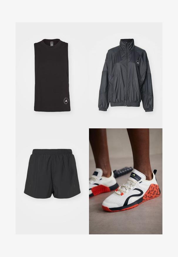 Schwarze Reißverschlussjacke mit hohem Kragen, elastischen Bündchen und gerafftem Bund. Hergestellt aus leichtem, glattem Stoff mit Logodetail.; Schwarzes ärmelloses Top aus weichem Baumwollstoff, mit Rundhalsausschnitt und einem runden weißen Logo unten rechts.; Schwarze Laufshorts mit einem elastischen Bund, leichtem Gewebe und strukturiertem Design mit dezenten seitlichen Akzenten.; Weiße Sportschuhe mit einem Akzent aus schwarzem und orangefarbenem Leopardenmuster. Sie verfügen über ein strukturiertes Obermaterial, eine Gummisohle und ein Schnürsystem.