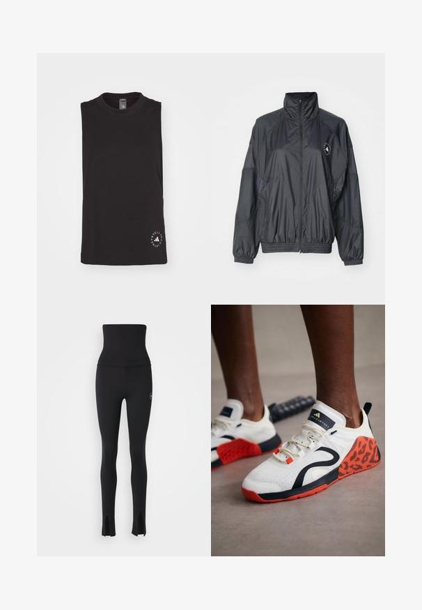 Schwarze Reißverschlussjacke mit hohem Kragen, elastischen Bündchen und gerafftem Bund. Hergestellt aus leichtem, glattem Stoff mit Logodetail.; Schwarzes ärmelloses Top aus weichem Baumwollstoff, mit Rundhalsausschnitt und einem runden weißen Logo unten rechts.; adidas by Stella McCartney Tights - black; Weiße Sportschuhe mit einem Akzent aus schwarzem und orangefarbenem Leopardenmuster. Sie verfügen über ein strukturiertes Obermaterial, eine Gummisohle und ein Schnürsystem.