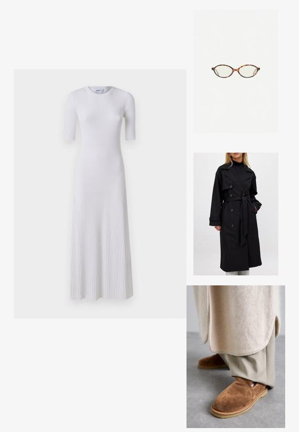 Mustat trench-coatit, joissa on kaksirivinen malli, suuret lapiot, solmimisvyö ja nappikoristeet; sileä pinta ja pitkät hihat.; Harmaa lyhythihainen neulepaita, joka on valmistettu pehmeästä ja pörröisestä materiaalista. Siinä on pitkät hihat ja pyöreä kaula-aukko, sekä sileä ja kevyt rakenne.; Valkoinen, ribattu neulemekko lyhyillä hihoilla ja istuvalla bodysuunnittelulla, joka laskeutuu liehuvaan hameeseen. Yksinkertainen pyöreä pääntie ja hienovarainen rakenne.; Ruskeat mokkasandaalit, joissa on pyöreä kärki, kumipohja ja sivuleikkaukset, yhdistettynä vaaleanbeigeisiin räätälöityihin housuihin.; Kilpikonnakuosiset silmälasit, joissa on soikeat linssit ja tyylikäs, sileä pinta. Ominaisuudet: ohuet sivut, joissa on hienovarainen kaari temppeleissä. Kirkkaat linssit.