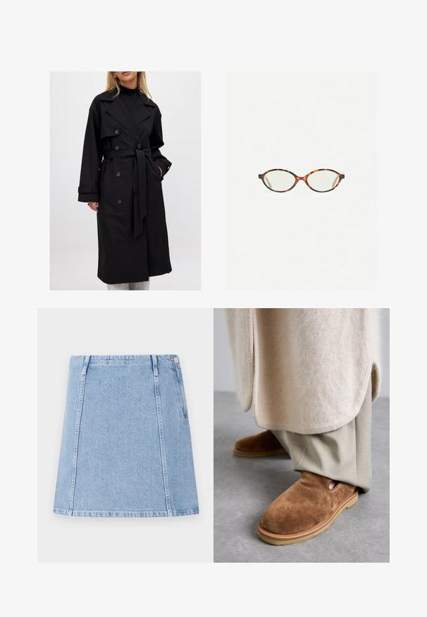 Mustat trench-coatit, joissa on kaksirivinen malli, suuret lapiot, solmimisvyö ja nappikoristeet; sileä pinta ja pitkät hihat.; Harmaa lyhythihainen neulepaita, joka on valmistettu pehmeästä ja pörröisestä materiaalista. Siinä on pitkät hihat ja pyöreä kaula-aukko, sekä sileä ja kevyt rakenne.; Vaaleansininen farkuhame suoran leikkauksen, näkyvien ompelusyiden ja sivutaskun kanssa. Materiaali on teksturoitu ja pehmeä.; Ruskeat mokkasandaalit, joissa on pyöreä kärki, kumipohja ja sivuleikkaukset, yhdistettynä vaaleanbeigeisiin räätälöityihin housuihin.; Kilpikonnakuosiset silmälasit, joissa on soikeat linssit ja tyylikäs, sileä pinta. Ominaisuudet: ohuet sivut, joissa on hienovarainen kaari temppeleissä. Kirkkaat linssit.; Vaalea harmaa kashmirhuivi, jossa on kierretty muotoilu, pehmeä pinta ja terävät päät. Huivissa on pieni etiketti, jossa on tuotemerkin tiedot ylhäällä.