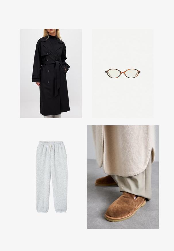 Cappotto lungo nero con design doppiopetto, grandi rever, cintura a cravatta e bottoni decorativi; tessuto liscio con maniche lunghe.; Maglione grigio corto realizzato in materiale morbido e peluche. Presenta maniche lunghe e un collo tondo, con una texture liscia e leggera.; Pantaloni grigi in felpa realizzati in tessuto morbido, con vita elasticizzata e cordino, e polsini elasticizzati alle caviglie.; Scarpe slip-on in suede marrone con punta tonda, suola in gomma e dettagli a taglio laterale, abbinate a pantaloni beige chiaro su misura.; Occhiali in tartaruga con lenti ovali e una finitura liscia e elegante. Presentano aste sottili con una leggera curva alle tempie. Lenti trasparenti.