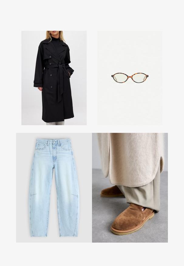 Czarny płaszcz trencz z podwójnym zapięciem, dużymi klapami, paskiem do związania i guzikami; gładka tekstura, długie rękawy.; Szary krótkostrzyżony sweter wykonany z miękkiego, puszystego materiału. Posiada długie rękawy i okrągły dekolt, z gładką, lekką teksturą.; Jasnoniebieskie dżinsy o luźnym kroju, z wysokim stanem, pięcioma kieszeniami oraz delikatnym efektem wyblaknięcia i postrzępionymi detalami na końcach.; Brązowe zamszowe buty slip-on z zaokrąglonym noskiem, gumową podeszwą i bocznymi wycięciami, w połączeniu z jasnobeżowymi spodniami od garnituru.; Okulary w kolorze tortoiseshell z owalnymi soczewkami i gładkim, eleganckim wykończeniem. Posiadają cienkie boki z delikatnym łukiem w okolicy skroni. Przezroczyste soczewki.; Jasnoszary szalik z kaszmiru o skręconym wzorze, miękkiej fakturze i spiczastych końcach. Posiada małą metkę z informacjami o marce na górze.