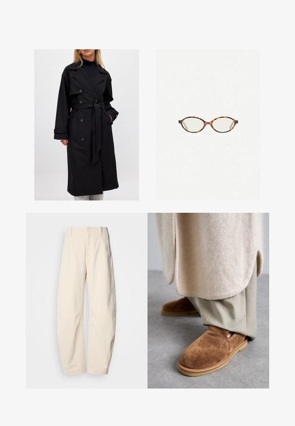 Čierny trenčkot s dvojradovým strihom, veľkými klopami, opaskom na viazanie a gombíkovými detailmi; hladká textúra s dlhými rukávmi.; Šedý skrátený sveter vyrobený z mäkkého, nadýchaného materiálu. Obsahuje dlhé rukávy a okrúhly výstrih, s hladkou, ľahkou textúrou.; Krémové nohavice vyrobené z textúrovaného materiálu, s vysokým pásom, rovnými nohavicami a bočnými vreckami.; Hnedé semišové slip-on topánky s okrúhlou špičkou, gumovou podrážkou a bočnými výrezmi, v kombinácii s svetlo béžovými zúženými nohavicami.; Korytnačkové okuliare s oválnymi šošovkami a hladkým, lesklým povrchom. Majú tenké strany s jemným zakrivením na spánkoch. Priehľadné šošovky.; Svetlosivý kašmírový šál s točitým dizajnom, jemnou textúrou a špicatými koncami. Obsahuje malú nálepku s informáciami o značke na vrchu.