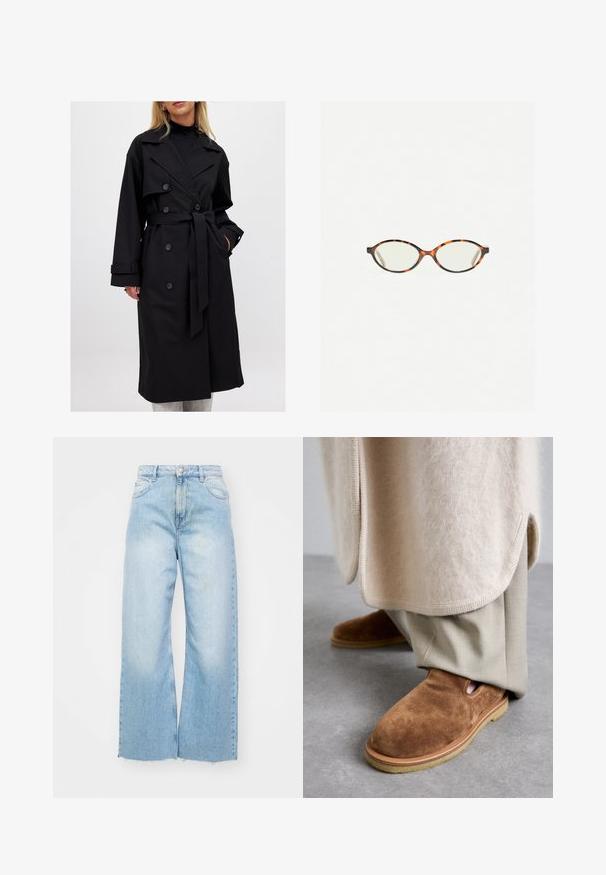 Mustat trench-coatit, joissa on kaksirivinen malli, suuret lapiot, solmimisvyö ja nappikoristeet; sileä pinta ja pitkät hihat.; Harmaa lyhythihainen neulepaita, joka on valmistettu pehmeästä ja pörröisestä materiaalista. Siinä on pitkät hihat ja pyöreä kaula-aukko, sekä sileä ja kevyt rakenne.; Vaaleansiniset leveälahkeiset farkut, joissa on korkeavyötärö, haalistuneet yksityiskohdat, nappikiinnitys ja raidan reunat alaosassa.; Ruskeat mokkasandaalit, joissa on pyöreä kärki, kumipohja ja sivuleikkaukset, yhdistettynä vaaleanbeigeisiin räätälöityihin housuihin.; Kilpikonnakuosiset silmälasit, joissa on soikeat linssit ja tyylikäs, sileä pinta. Ominaisuudet: ohuet sivut, joissa on hienovarainen kaari temppeleissä. Kirkkaat linssit.; Vaalea harmaa kashmirhuivi, jossa on kierretty muotoilu, pehmeä pinta ja terävät päät. Huivissa on pieni etiketti, jossa on tuotemerkin tiedot ylhäällä.