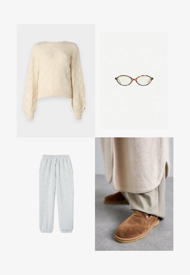 Mustat trench-coatit, joissa on kaksirivinen malli, suuret lapiot, solmimisvyö ja nappikoristeet; sileä pinta ja pitkät hihat.; Kerman värinen neulepaita, jossa on kohopintainen timanttikuvio, pitkät puffimaisten hihojen ja ribbauskankaat. Lyhennetty malli tuo moderneja vivahteita.; Harmaat collegehousut pehmeästä kankaasta, joissa on joustava vyötärö, jossa on nauha, ja joustavat resorit nilkoissa.; Ruskeat mokkasandaalit, joissa on pyöreä kärki, kumipohja ja sivuleikkaukset, yhdistettynä vaaleanbeigeisiin räätälöityihin housuihin.; Kilpikonnakuosiset silmälasit, joissa on soikeat linssit ja tyylikäs, sileä pinta. Ominaisuudet: ohuet sivut, joissa on hienovarainen kaari temppeleissä. Kirkkaat linssit.; Vaalea harmaa kashmirhuivi, jossa on kierretty muotoilu, pehmeä pinta ja terävät päät. Huivissa on pieni etiketti, jossa on tuotemerkin tiedot ylhäällä.