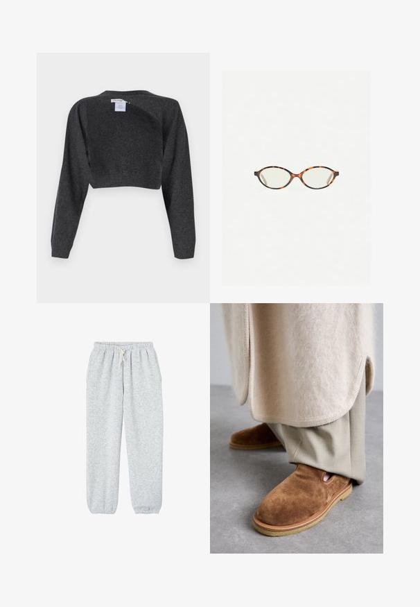 Schwarzer Trenchcoat mit einem doppelt knöpfbaren Design, großen Revers, einem Tie-Belt und Knopfakzenten; glatte Textur mit langen Ärmeln.; pure cashmere BOLERO TWO-WAY - Strickpullover - graphite; Graue Sweatpants aus weichem Stoff, mit einem elastischen Bund und einem Kordelzug sowie elastischen Bündchen an den Knöcheln.; Braune Wildleder-Slipper mit runder Zehenform, Gummisohle und seitlichem Cutout-Detail, kombiniert mit hellbeigen, maßgeschneiderten Hosen.; Schildpatt-Eyegläser mit ovalen Gläsern und einer eleganten, glatten Oberfläche. Mit dünnen Seiten und einer subtilen Kurve an den Schläfen. Klare Gläser.; Hellgrauer Cashmere-Schal mit gedrehter Form, weichem Griff und spitzen Enden. Auf der Oberseite befindet sich ein kleines Etikett mit Markeninformationen.