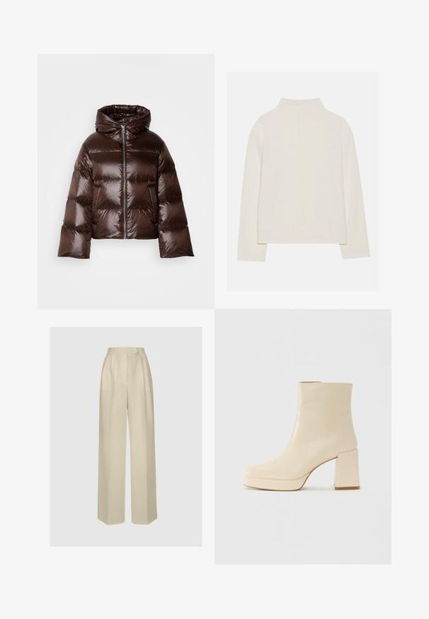 Doudoune marron à finition brillante, avec capuche, fermeture éclair frontale et manches larges ; dotée d'un rembourrage matelassé pour l'isolation.; Haut à manches longues de couleur crème avec un col montant, texture douce et coupe décontractée. Épaules sans couture et ourlet droit avec fentes sur les côtés.; ANDIATA GYTTA - Pantalon classique - champagne; Botte chelsea en cuir beige avec un talon bloc et une semelle à plateforme, finition lisse et pointe légèrement carrée, tournée vers la gauche sur un fond blanc.
