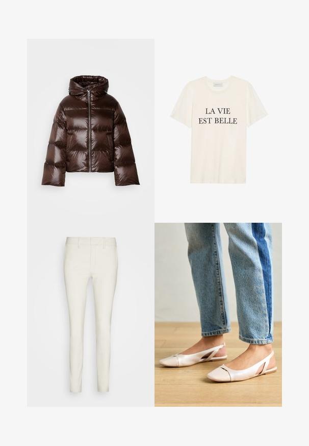 Ruda pūsta striukė su blizgiu paviršiumi, su gaubtu, priekyje užtrauktuku ir plačiomis rankovėmis; su siūtu pašiltinimu šilumai.; Kreminės spalvos medvilnės T-shirt su trumpomis rankovėmis ir apvaliu iškirpimu. Priekyje išskirtas centrinis juodas tekstas "LA VIE EST BELLE".; Šviesių spalvų, lieknos silueto kelnės iš lygios medžiagos, su tiesiu priekiu, standartinėmis kišenėmis ir diržo kilpos. Iš viso elegantiškas ir modernus dizainas.; Šviesiai rožiniai slingback baleto bateliai su smailiu pirštu, pagaminti iš lygios odai panašios medžiagos. Yra išpjovimų detalės šonuose ir plokščias kulnas.