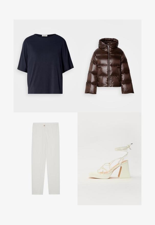 Brun puffjakke med blank finish, hette, glidelås foran og vide ermer; har quiltet polstring for isolasjon.; Mørkeblå t-skjorte med korte ermer laget av myk stoff, med en løs passform og rund hals. Har et minimalistisk design uten synlige mønstre.; Hvite, skreddersydde bukser med rette ben, med knapplukking, beltehemper og sidelommer; glatt tekstur.; Hvit høyhælte sandal med kraftig hæl, med en stroppe-design og ankelbånd. Glatt tekstur med plattform foran for ekstra høyde.