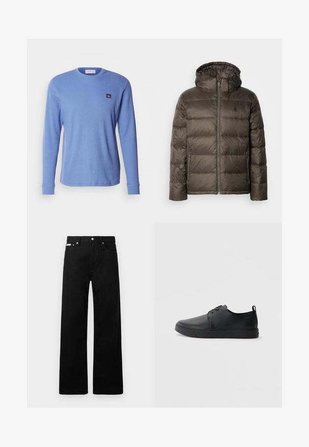 Pudruota ruda striukė su kapišonu, su priekiniais užtrauktukais, šoninėmis kišenėmis ir siuvinėtu raštu. Medžiaga atrodo lengva ir glotni.; Ilgai rankovėmis mėlynas banguotas marškinėliai, pagaminti iš medvilnės, su apvalia iškirpte ir nedideliu logotipo ženkleliu kairėje krūtinės viršutinėje pusėje.; Juodos džinsinės kelnės su plačiu kojų dizainu, turinčios penkias kišenes ir metalinius sagčių akcentus. Lygus paviršius, be matomų raštų.; Juodos odinės sportinės bateliai su lygiu paviršium, suapvalinta nosimi, toniniais siūlais, raištelių užsegimu priekyje ir plokščiu guminiu padu. Kilpelė ant kulno.