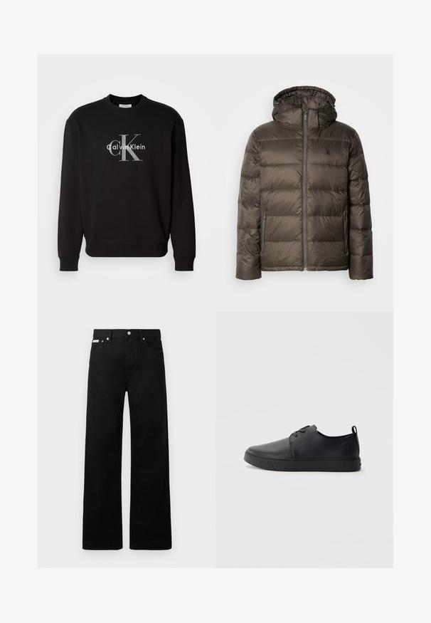 Vadderad brun jacka med huva, som har en framdragkedja, sidofickor och ett quiltat mönster. Materialet verkar vara lätt och slätt.; Svart crewneck-tröja i bomull, med ett framdesign av "Calvin Klein" och initialerna "ck" i kontrasterande grå.; Svarta denimbyxor med en vid bendesign, som har fem fickor och metallknappar. Slät textur, inga synliga mönster.; Svart lädersneaker med en slät yta, rund tå, tonad sömnad, snörning framtill och en platt gummisula. Ögla vid hälen.
