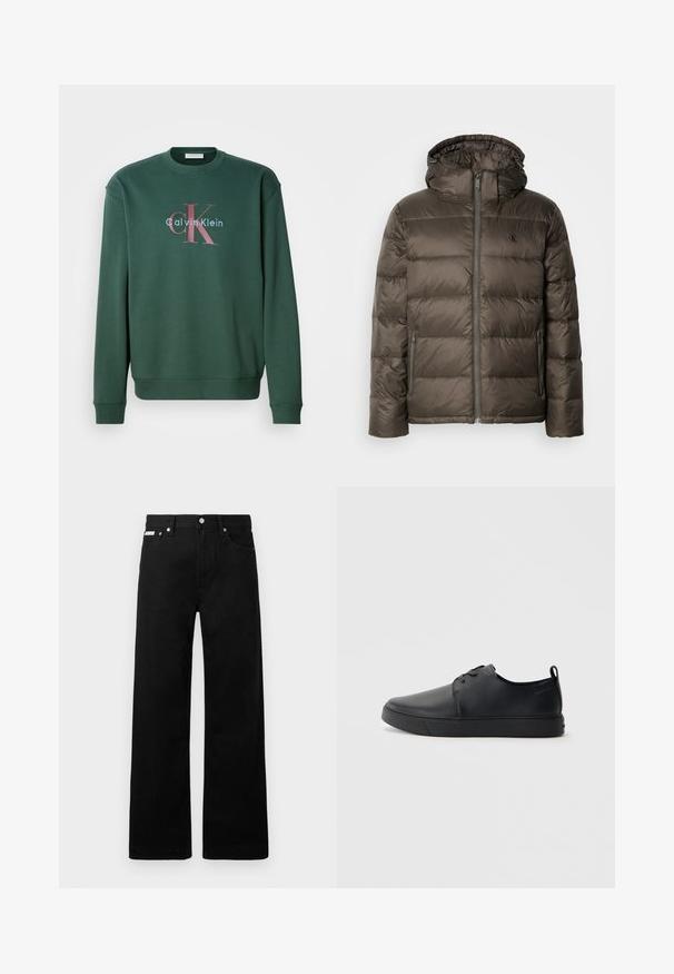 Casaco castanho acolchoado com capuz, apresentando um fecho à frente, bolsos laterais e um design acolchoado. O material parece leve e suave.; Sweatshirt verde com decote redondo, mangas longas e estampa gráfica com "Calvin Klein" e o destacado logótipo "CK" em cores contrastantes.; Calças de ganga pretas com um design de pernas largas, apresentando cinco bolsos e fechos metálicos. Textura suave, sem padrões visíveis.; Sapatilha de couro preta com um acabamento liso, bico arredondado, costura ton sur ton, frente com atacadores e sola plana de borracha. Alça no calcanhar.