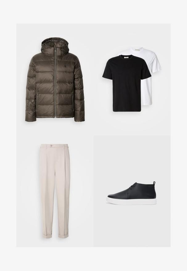 Padded brown jacket with a hood, featuring a front zipper, side pockets, and a quilted design. Material appears lightweight and smooth.; Two plain cotton T-shirts, one black placed in front of a white one, both with short sleeves and round necklines.; Beige trousers made of smooth fabric, featuring a straight fit, single pleat, and rolled cuffs. Includes a front button closure.; Black leather high-top sneakers with a smooth finish, white rubber sole, and simple lace-up design. Features a pull tab at the back.