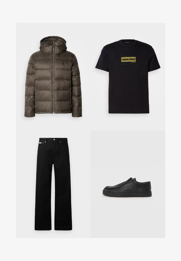 Giacca imbottita marrone con cappuccio, dotata di zip frontale, tasche laterali e un design trapuntato. Il materiale appare leggero e liscio.; T-shirt nera in cotone a maniche corte, con un logo rettangolare verde che riporta il testo "calvin klein" e "new york city" in caratteri in grassetto.; Pantaloni in denim nero con design a gamba larga, dotati di cinque tasche e hardware in metallo per i bottoni. Texture liscia, senza motivi visibili.; Scarpa slip-on in pelle nera con punta arrotondata, dettagli cuciti e suola in gomma nera. Texture liscia con design minimalista.