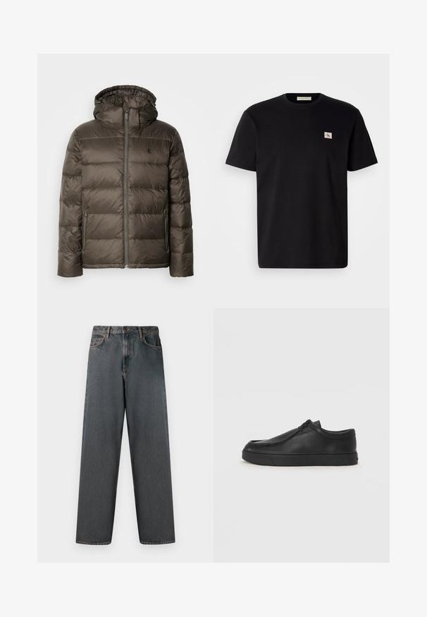 Soevitatud pruun jope kapuutsiga, millel on eesneed ja küljetaskud ning tikandiga mustri. Materjal näib kerge ja sujuv.; Mustmustärg t-särk lühikeste varrukatega, ümmarguse kaelusega ja väike tikitud logo vasakul rinnal. Sile tekstuur, tavaline sobivus.; Tumedat hallid teksad sirge säärte kujundusega, viie taskuga ning nupuga ja tõmblukuga. Kanga pinnal on kerge pleekimine ja õmblused.; Must na ostri varvastega musta nahast libisemisega king, millel on tikand ja must kummitald. Sile tekstuur ja minimalistik disain.