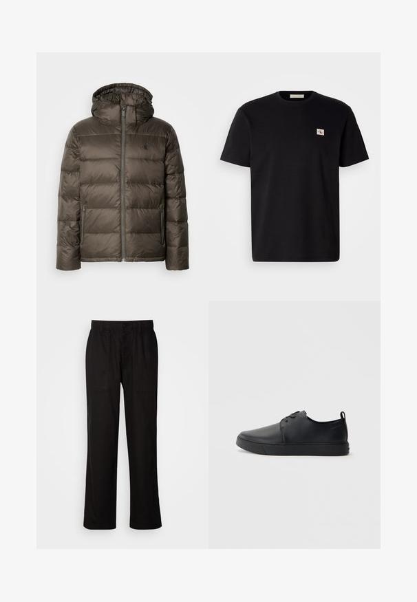 Pudruota ruda striukė su kapišonu, su priekiniais užtrauktukais, šoninėmis kišenėmis ir siuvinėtu raštu. Medžiaga atrodo lengva ir glotni.; Juodas medvilnės marškinėliai su trumpomis rankovėmis, apvaliu kaklu ir mažu siuvinėtą logotipu kairėje krūtinės pusėje. Lygi tekstūra, reguliaraus kirpimo.; Juodos kelnės su laisvu siluetu, pagamintos iš lengvos medžiagos. Yra elastingas juosmuo, mygtuko užsegimas ir dvi priekinės kišenės.; Juodos odinės sportinės bateliai su lygiu paviršium, suapvalinta nosimi, toniniais siūlais, raištelių užsegimu priekyje ir plokščiu guminiu padu. Kilpelė ant kulno.