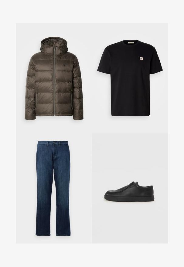 Veste marron matelassée avec capuche, présentant une fermeture éclair à l'avant, des poches latérales et un design matelassé. Le matériau semble léger et lisse.; T-shirt en coton noir avec des manches courtes, col ras du cou, et un petit logo brodé sur la poitrine gauche. Texture lisse, coupe régulière.; Jean en denim bleu foncé avec une coupe droite, doté d'une fermeture à bouton à l'avant et d'un style standard à cinq poches. Texture lisse et poids moyen.; Chaussure noire en cuir à enfiler avec un bout arrondi, des détails cousus et une semelle en caoutchouc noire. Texture lisse avec un design minimaliste.