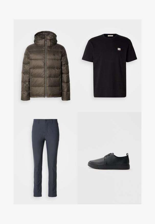 Braune gepolsterte Jacke mit Kapuze, ausgestattet mit einem Reißverschluss vorne, seitlichen Taschen und einem gesteppten Design. Das Material scheint leicht und glatt zu sein.; Schwarzes Baumwoll-T-Shirt mit kurzen Ärmeln, Rundhalsausschnitt und kleinem gesticktem Logo auf der linken Brust. Geschmeidige Textur, normale Passform.; Marineblaue Stretchhosen mit schmaler Passform, glatter Textur, Taschen vorne und Knopfverschluss. Entworfen für Komfort und Bewegungsfreiheit.; Schwarze Leder-Sneaker mit glatter Oberfläche, abgerundeter Zehenpartie, gleichfarbiger Nähte, schnürbarem Vorderteil und flacher Gummisohle. Schlaufe an der Ferse.