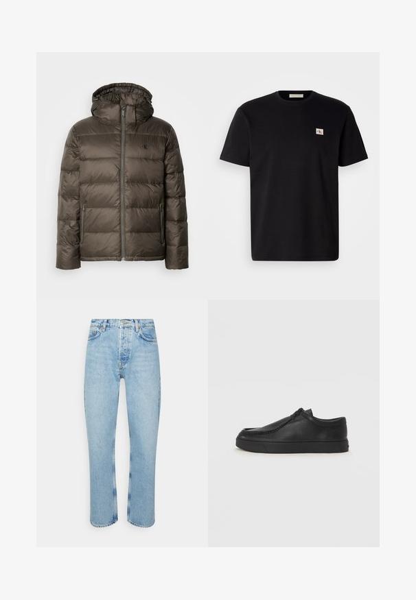 Padded brown jacket with a hood, featuring a front zipper, side pockets, and a quilted design. Material appears lightweight and smooth.; Black cotton t-shirt with short sleeves, crew neck, and a small embroidered logo on the left chest. Smooth texture, regular fit.; Light blue denim jeans with a straight cut, high waist, five-pocket design, and visible stitching details on the seams and hems.; Black leather slip-on shoe with a rounded toe, stitched detailing, and black rubber sole. Smooth texture with minimalistic design.