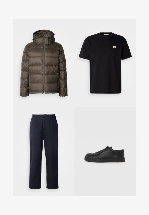 Casaco castanho acolchoado com capuz, apresentando um fecho à frente, bolsos laterais e um design acolchoado. O material parece leve e suave.; T-shirt de algodão preto com mangas curtas, gola redonda e um pequeno logotipo bordado no lado esquerdo do peito. Textura suave, corte regular.; Calças de algodão azul-marinho escuras com corte reto, apresentando um pregueado frontal, passantes para cinto e um fecho de um botão na cintura.; Sapata slip-on de couro preto com biqueira arredondada, detalhes cosidos e sola de borracha preta. Textura suave com design minimalista.